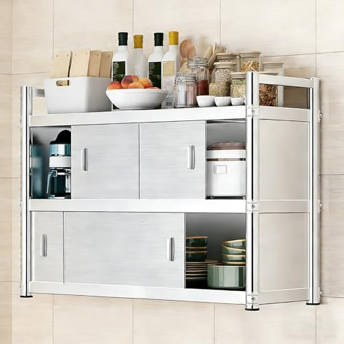 Köksspeglning Enkel Dubbel Lager Väggmonterad Rostfritt Stål Kökskåp Glidfönsterorganiserare Utan Bakpanel Monteras Direkt mot Väggen Köksspeglingshyllor(80x35x90cm(32x14x36in))