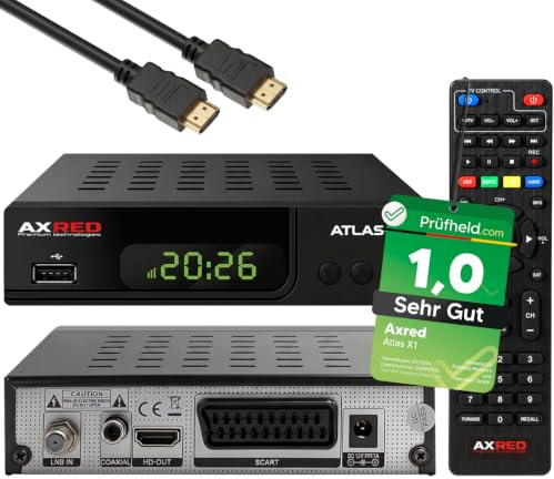 AXRED Atlas X1 + cable HDMI, receptor de satélite HD con función de grabación, Full HDTV, receptor de satélite digital para antena parabólica, TV satélite, receptores HD