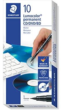 STAEDTLER CD/ DVD Marker Lumocolor permanent, weiche Spitze für schonende Beschriftung, Linienbreite ca. 0,4 mm, 10 schwarze Permanentmarker im Kartonetui, 310 CDS-9