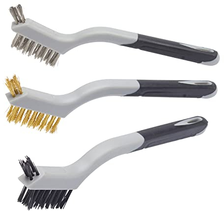 Fit For The Job 3 piece Multi-Purpose Soft Grip Mini Wire Brush Set - Nylon, Brass & Steel Wire Brushes for Paint & Grime Removal, Cleaning Rust, Grills, Tiles, Wood, Metal, Brick, Welding Slag