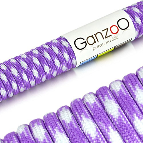 Ganzoo Paracord 550 corda 31 m per bracciali e guinzagli, viola bianco, cordino intrecciato tipo 3 per nodi e fai da te, 4 mm con 7 anime, uso outdoor per campeggio