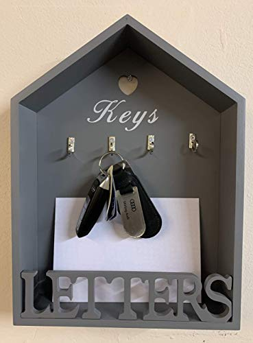 Optimal Products Letter & Key Rack White Mail Holder Wall Key Hanger Vintage Letter & Key Rack Post Storage Wooden Key Organiser Hooks for Keys Grey (Grey)