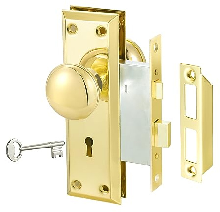 newliplace Mortise Lock Set for Interior Door, Antique Door Knobs Gold Door Knob with Lock and Key, Vintage Mortise Keyed Lock Set