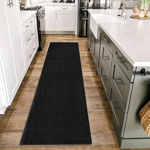 HomebyHome Kurzflor Teppich Läufer Flur 80x250 cm Schwarz - Waschbarer Teppich für Schlafzimmer, Wohnzimmer und Ideal als Küchenteppich - Flauschiger Teppich Extra Weich, Einfarbig, rutschfest, Klein