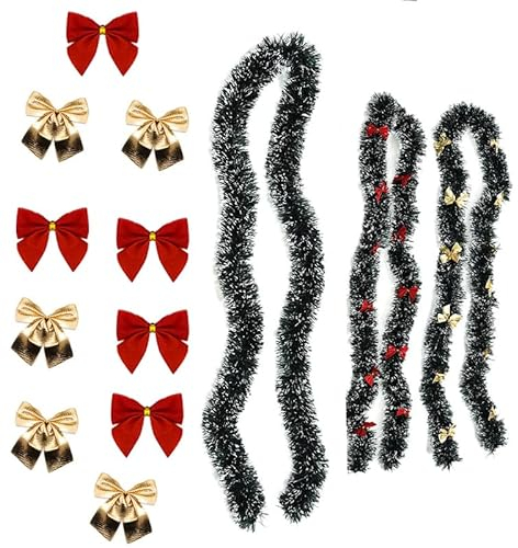 XiaZhiZhen Weihnachtsbaum Girlande, 2m Weihnachtsbaum Girlande *2,12 rote Schleifen + 12 goldene Schleifen, Weihnachten Hochzeit Feier Feiertagsdekoration Bunte Streifen Schneeflocken Spitze.