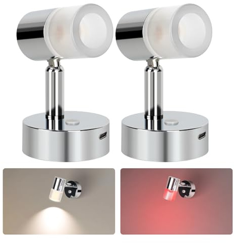 acegoo 12V Läslampa Husbil Dimmbar 3200K/Rött nattljus Inbyggd USB-C 20W-laddare, LED-vägglampa för husvagn, båt, husbil, DC 12-24V Chrome