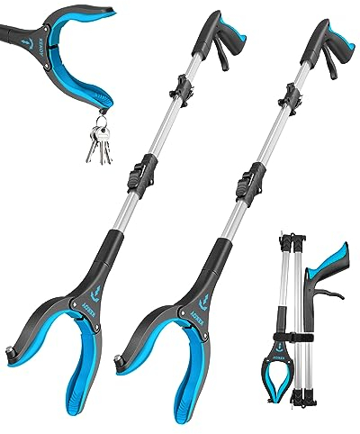 Kekoy Greifzange für Senioren 91cm Aluminium Müllzange, Faltbare Greifer für Senioren, Drehbar Müllgreifer, Extra Langer Greifarm, Greifhilfe für Menschen mit Magnetspitzen(2 Stück Himmelblau)