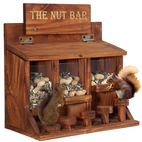 MIXUMON Squirrel Feeder Table The Nut Bar, Wooden Squirrel Picnic Table Feeder, Durable Squirrel Feeder Corn Cob with 3 Compartments, Stable Squirrels Stool Bar, 12.2 x 6.6 x 12.2 Inches