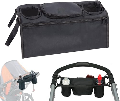 Kinderwagen Organizer mit 2 Getränkehaltern, Buggy Organizer Taschen mit Becherhalter Universal Kinderwagen Tasche Tragbare Reißverschlusstasche Kinderwagentasche für Windeln Flaschen Tücher, Schwarz