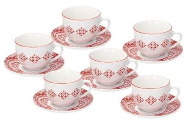 Avilia Set 6 Tazze da Caffè o Tè con Piattini - Set Tazze e Piattini con Decorazioni Arabesche, in Porcellana, 270cc, Bianco e Rosso