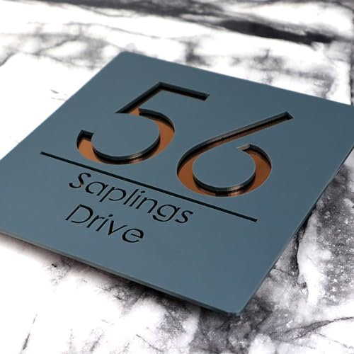 K Smart Sign | Bellissima S1 F31 | 180mm x 180mm | Acrylic 3d Laser Cut Contemporary house sign door number plaque address signs with Mirror and Marble Numbers (Matt Gray & Copper Mirror)