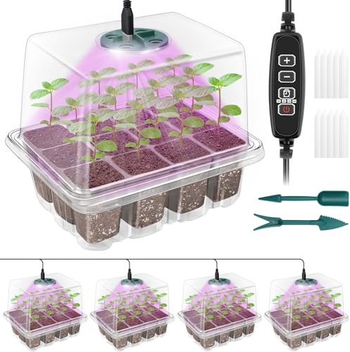 Qoolife Zimmergewächshaus Anzuchtkasten, Mini Gewächshaus Anzucht Set mit erhöhten Deckel, Setzling Starter mit Pflanzenlichter mit vollem 4 Stück (Transparent)