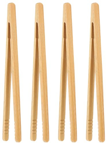 PEOVLVN Set di 4 pinze per toast Tongs in bambù, antiscivolo, in legno, riutilizzabili, mini pinze da cucina in legno, piccole pinze da cucina per insalata, grigliate, arrosti, 17,8 cm