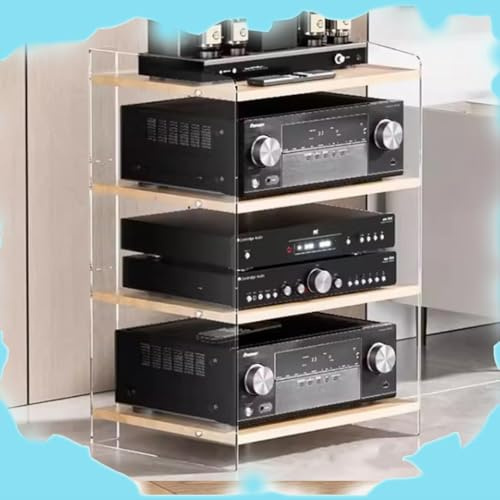 ZIUSFAC Support HiFi Étagère Acrylique Meuble HiFi 3/4 Couches Audio Rack Stéréo Lecteur DVD Etagère Media Stand Enceinte Cinéma Centre De Divertissement Appareils(Clear+Wood,40x52.2x79.4cm)