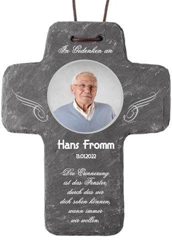 private grief Kreuz mit Foto aus Naturschiefer als Andenken an einen lieben Verstorbenen (Foto, klein)