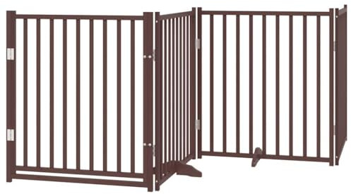 vidaXL Hundgrind med dörr vikbar 4 paneler brun 320 cm massivt granträ, husdjursgrind, hundgrind för trappor, valpgrind för trappor
