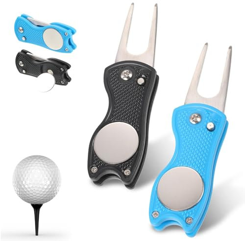 2 pcs Golf Divot Repair Tool Metal Foldable Golf Divot Tool Golf Pitch Mark Repair Tool Golf Pitchfork Golf Foldable Divot Tool with Pop-up Button and Magnetic Ball Marker for Golfer Divot Tools
