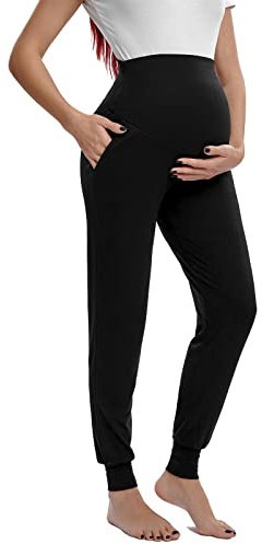 Shen&Qege Maternity Pants Over The Belly Lounge Sweatpants Stretchy Comfy Pregnancy Trousers with Pockets Black