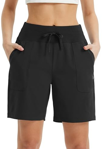 baleaf Löparshorts, dam med fickor, 18 cm knälånga sportshorts, dam, ventilerande, snabbtorkande, UV-skydd, sportbyxor, korta för utomhus, löpning, fitness, 1,0 - svart, M