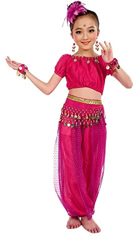 Costume Danse Orientale Enfant Classique Orientale Danse Du Ventre Ensemble Fille Belly Dance Indienne 2 PCS Top+Sarouel Pantalon Danse Compétition Spectacle pour 3-11 Ans Dansewear Costume Carnaval