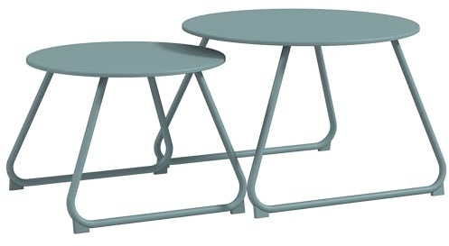 Outsunny Juego de 2 Mesas de Jardín Apilables Mesas Auxiliares de Jardín Redondas con Estructura de Metal y Recubrimiento Epoxi Anticorrosivo para Balcón Terraza Patio Azul