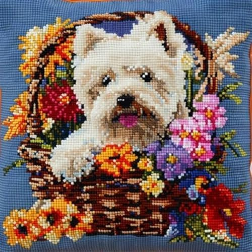 Latch Hook Cushion Kits for Adults Westie Dog Puppy White Flower Bamboo Basket Rug Cover Pillowcase Kids Beginner DIY Needlework Embroidery Kits Handmade Set Craft Sofa Home Decor 43x43cm,1pcs
