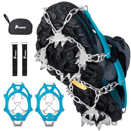 PTEROMY Crampons for Hiking Boots with 24 Stainless Steel Spikes, Ice Cleats for Shoes and Boots (L, Teal)