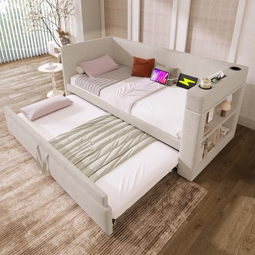 Daybed Upholstered Bed with Pull out Trundle Bed & USB Type C Charging Station & 2 Shelves, 3ft Single Functional Bed Frame with Cup Holders, Linen Sofa Beds Guest Beds with Slats, No Mattress, Beige