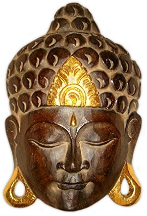 TEMPELWELT Masque décoration Murale Image Bouddha 25 cm, en Bois Marron doré, Artisanat Bali Lombok tête Bouddha, Handcrafted, Unique