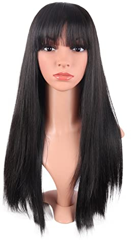 MapofBeauty 24 Inch/60 cm Women Long Straight with Flat Bangs Synthetic Hair Heat Resistant Fiber Hair for Party Cosplay Wig (Brownish Black)
