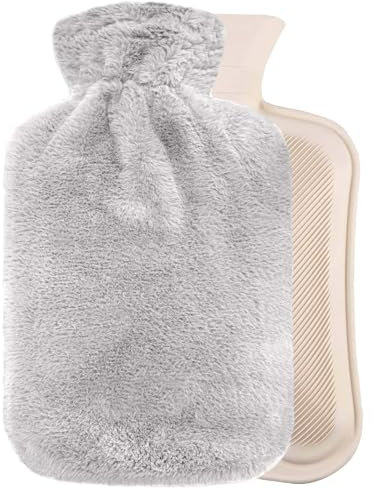Bonilife Hot Water Bottle with Fluffy Cover-Soft Luxury, 2L Large Hot Water Bottle as Great Gift for Women and Men, Warm Hot Water Bag for Bed, Cosy Nights, Pain Relief, Back, Neck-LightGrey