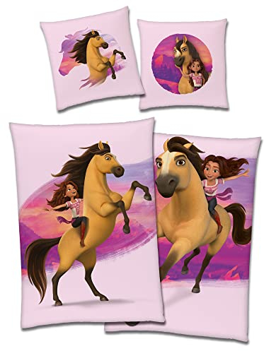 BERONAGE Spirit Untamed Kinder-Bettwäsche Wild und Frei 135 x 200 + 80 x 80 cm 100% Baumwolle Renforcé-Linon-Qualität Lucky Wildpferd Mädchen Girl Pferde-Bettwäsche mit Reißverschluss Deutsche Größe