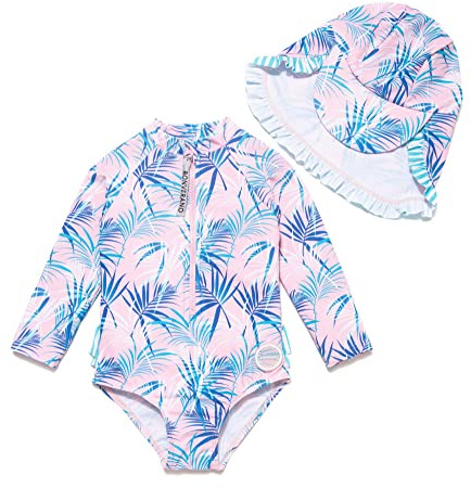 BONVERANO Traje de baño de una Pieza para niña, Mangas largas, protección UV 50+ con Gorra(Azul-Bambú,9-12meses…