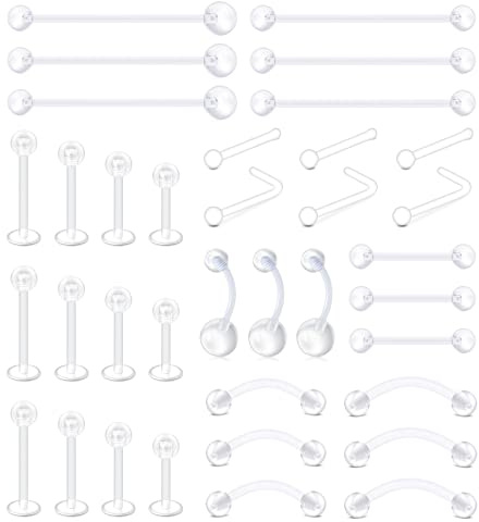 MODRSA Piercing Corpo Trasparenti Kit Plastica Piercing Naso Donna Piercing Ombelico Labret Labbro Lingua Capezzolo Sopracciglio Tragus Helix 36 pezzi