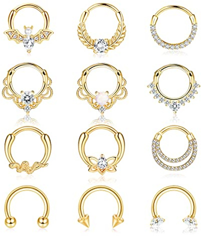 Adramata 12 stycken 16 g septum piercing näsringar ring kirurgiskt stål nos piercing septum ringar set CZ opal brosk daith piercing ring helix piercing örhänge näspiercing näsringar smycken