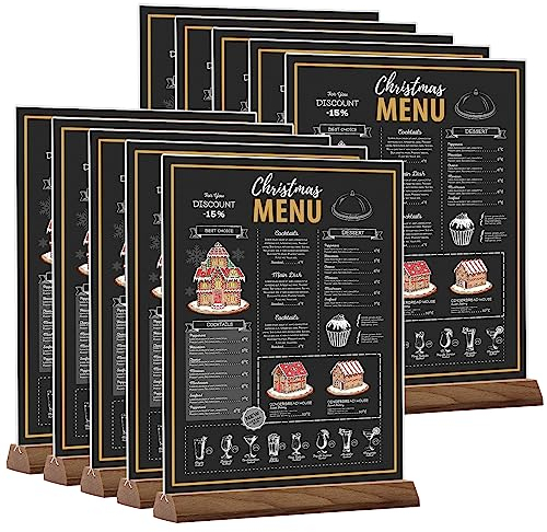 Srvnpioy Acrylic Sign Holders A4 (10 Pack) A4 Wooden Base Table Stands Acrylic Menu Holders for Tables, A4 Vertical Display Stand Up Poster Holder for Office Document, Restaurants menus, Hotel