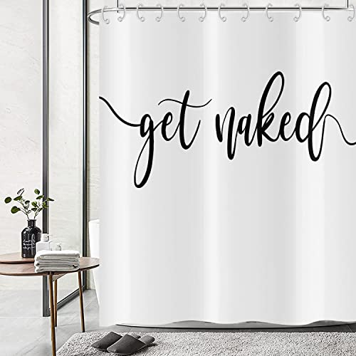Hnmdmyi Duschvorhang Weiß 180x200, Schwarz Art Font Words Get Naked Duschvorhänge Funny Quotes Schöne und Coole Badewanne Vorhang Wasserdicht Polyester Stoff Waschbar Badevorhang mit Haken