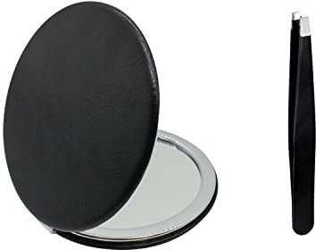 Andiker Specchio compatto con 1 paio di pinzette, lente d'ingrandimento pieghevole da viaggio 8cm, elegante specchio nero per trucco, viso, ciglia, specchio tascabile per donna/uomo (cerchio)