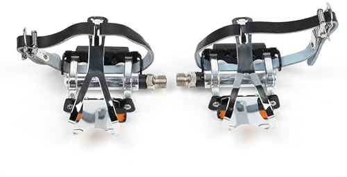 TentHome Retro Fahrrad Pedale Set Rennrad Pedale mit Pedalhaken Vintage Pedalkäfige Leder Fahrradpedale mit Klammern und Riemen 1 Paar