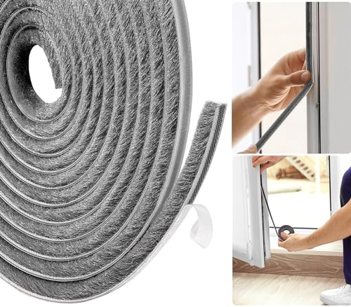 AFAXINRIE Door Draft Excluder, Window Draught Excluder, 5Meters(L) x 9 mm(W) x 5mm(T) Self-Adhesive Brush Seal Strip Air Stopper for Doors, Window- Grey