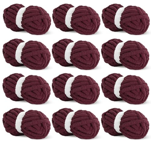 HOMBYS Wine Red Chunky Chenille Yarn for Crocheting, Bulky Thick Fluffy Yarn for Knitting,Super Bulky Chunky Yarn for Hand Knitting Blanket, Soft Plush Yarn, 12 Jumbo Pack (27yds,8 oz Each Skein)