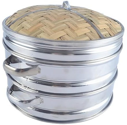 Luminexia Vaporera De Bambú con Acero Inoxidable,Cesta De Vapor De Bambú De 2 Niveles,Vaporera De Comida China con Tapa,Cocinar al Vapor Olla Vaporera,Recipiente Tradicional para la cocción al Vapor