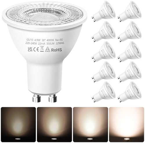Nottac GU10 LED Spotlight Bulbs, Dimmable Natural White 4000K 4.9W Energy Saving Light Bulbs, (Equivalent to 50W) Halogen Spotlight Bulbs, LED Bulbs for Ceiling, Pack of 10