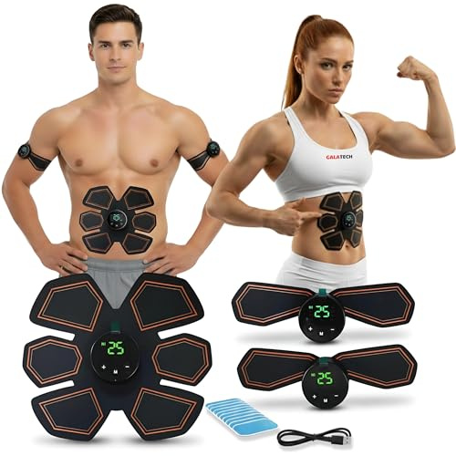 Gala Tech Abs Stimulator, 8 Modes & 25 Intensities, 3 LCD Displays, 10 Hydrogel Pads, Electric Muscle Toner & Rechargeable EMS Training Machine, Ab Workout Trainer Equipment for Abdominal/Core/Arm/Leg