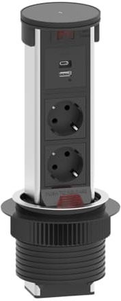 ELbe Inno Sänkbart uttag, aluminium bordsuttag med 15 W trådlös laddare, 1 USB-A och 1 USB-C, 2 uttag, 1,8 m kabel, inbyggt uttag för arbetsplatser, kontor och kök, diameter 95 mm