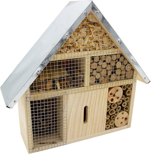 mucHome Insektenhotel Höhe 28cm aus Naturholz mit Metalldach, wetterfest, Nisthilfe für Bienen, Wildbienen, Marienkäfer und Schmetterlinge, Bienenhotel, Bienenhaus, Insektenhaus