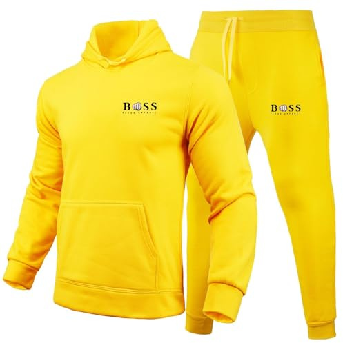 Bauzuoyo Jogging Set for Men Tracksuit Set 2-Piece Jogging Suit Hoodie and Trousers Loose Fit Sports Suit with Hood Tracksuit Long Sleeve Oversize Tracksuit Warm Leisure Suit, yellow, S