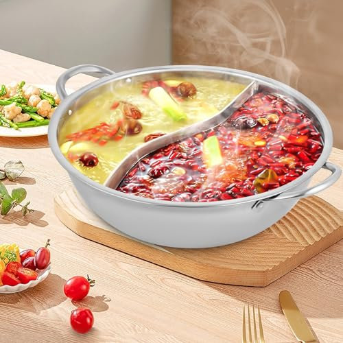 Edelstahl Dual Shabu Shabu, Küche Hot Pot Kochen Suppe Divider Shabu Topf Kochgeschirr aus Edelstahl mit Deckel für Induktionsherde, Gasherde, Elektroherde (28CM)