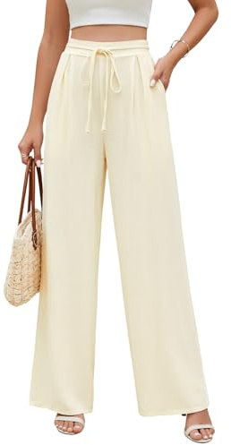 UMIPUBO Pantalones Mujer Verano Lino Algodón Casual Suelto Anchas Pierna Palazzo Pantalon con Bolsillos Elástico Cintura Cómodo Anchos Pantalón Flojo Cordón Playa Ligero (Beige, XL)