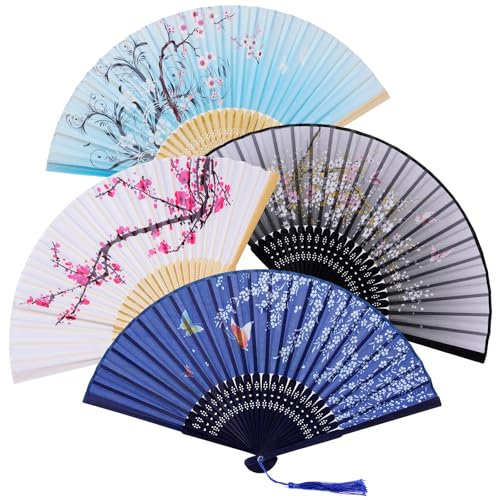 Leikedun 4 Pack Silk Fabric Hand Fans, Chinese Fan, Hollow Carved Bamboo Folding Hand Fan Handheld Fan for Wedding, Gifts, Performance, Dancing, Home Decoration